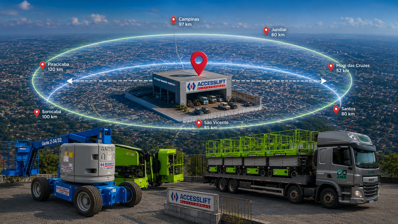 Mapa visual da área de atendimento da Accesslift com base em São Paulo e raio aproximado de 150 km